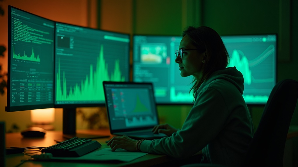 Una persona dirigiendo su trabajo desde un estudio elegante, rodeada de tecnología